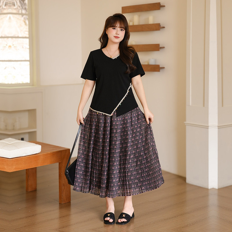 慕翎大码女装夏季通勤风上衣两件套女胖MM显瘦遮肉碎花A字裙套装