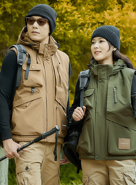 加绒工装马甲男女多口袋加厚保暖春秋季户外坎肩外套防风连帽背心