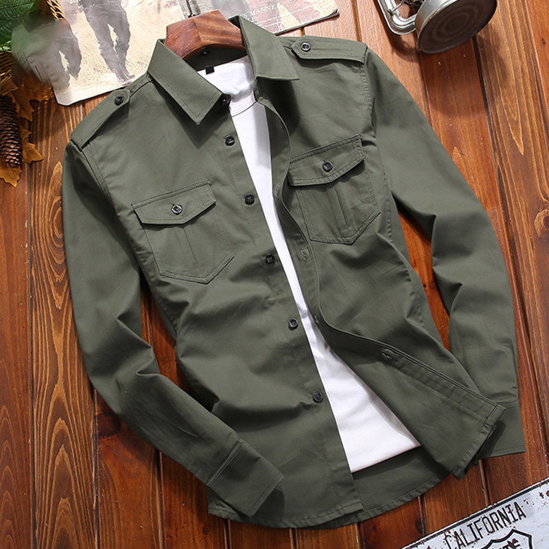 衬衫男士纯棉休闲长袖衬衣春秋季百搭翻领上衣薄款时尚工装外套潮