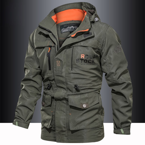 外套男春秋户外防风冲锋衣宽松大码中长款休闲运动多口袋工装夹克