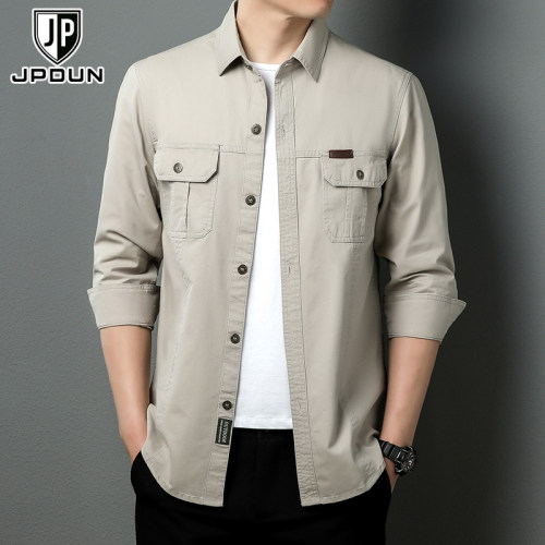 纯棉翻领长袖美式休闲衬衫大码