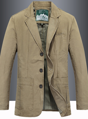 纯棉西装外套男商务休闲单西修身西服夹克中年爸爸装春秋薄款便西