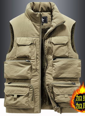 加绒工装马甲男多口袋秋冬加厚保暖背心钓鱼摄影坎肩外套大码马夹