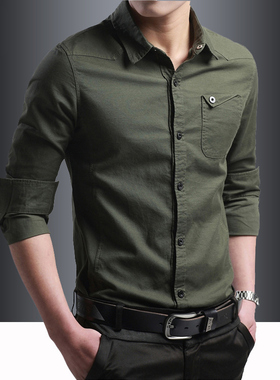 纯棉长袖衬衫男春秋季外套韩版潮流商务休闲上衣百搭大码工装衬衣