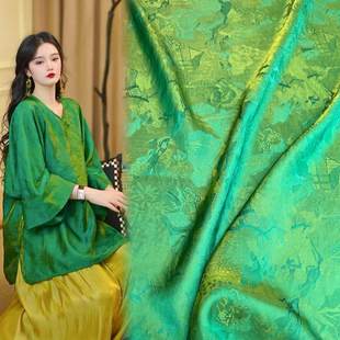春夏山水楼台人丝锦纶提花面料 新中式连衣裙汉服衬衫布料浮光锦