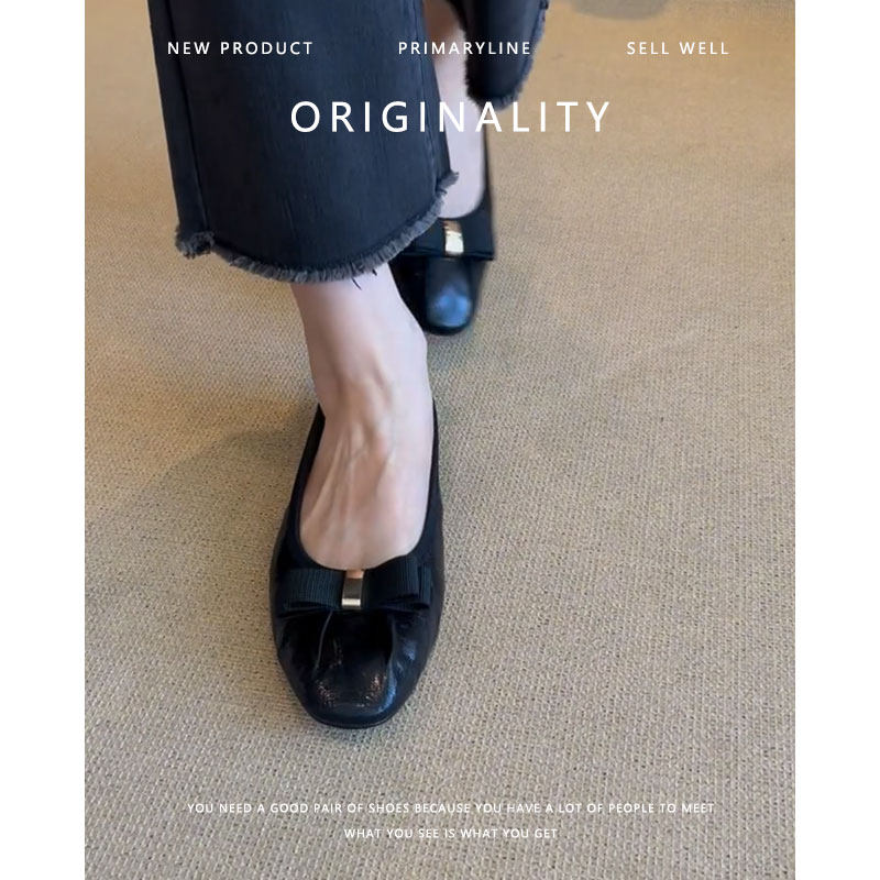 羊皮版~真皮复古平底奶奶鞋女2024新款黑色浅口通勤芭蕾单鞋皮鞋