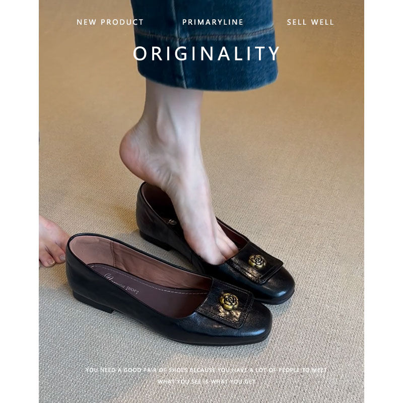羊皮版~真皮法式单鞋女2024春秋船鞋浅口平底一脚蹬懒人鞋奶奶鞋