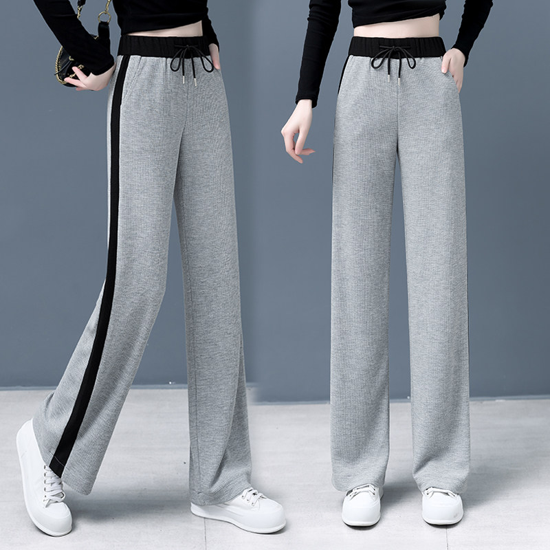 华夫格加绒运动阔腿裤女九分春秋新款宽松垂感长裤休闲直筒裤卫裤
