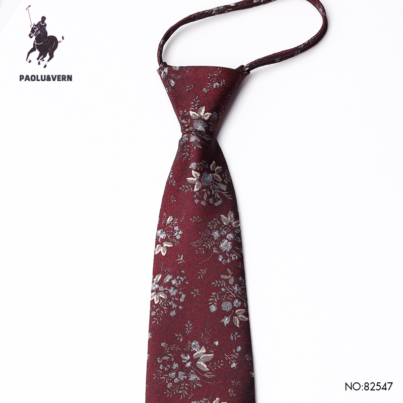 PAOLU&VERN保罗酒红色免打结婚礼新郎伴郎牡丹花红领带男士拉链款