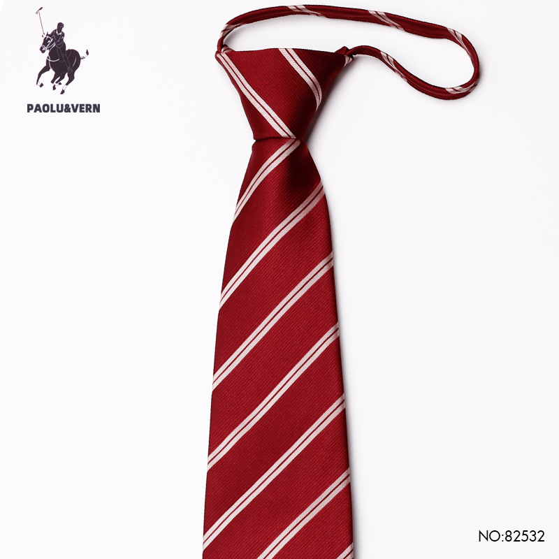 PAOLU&VERN保罗条纹酒红色免打结婚礼新郎伴郎暗红领带男士拉链款