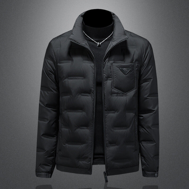 冬装轻薄款潮牌压花立领羽绒服修身男轻奢欧货保暖羽绒袄外套上衣