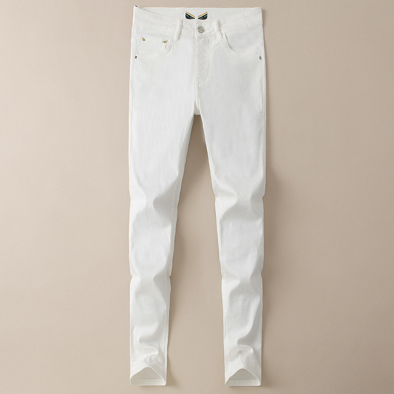 春夏新款薄款白色牛仔裤男士高端弹力纯棉修身小脚长裤潮牌裤子