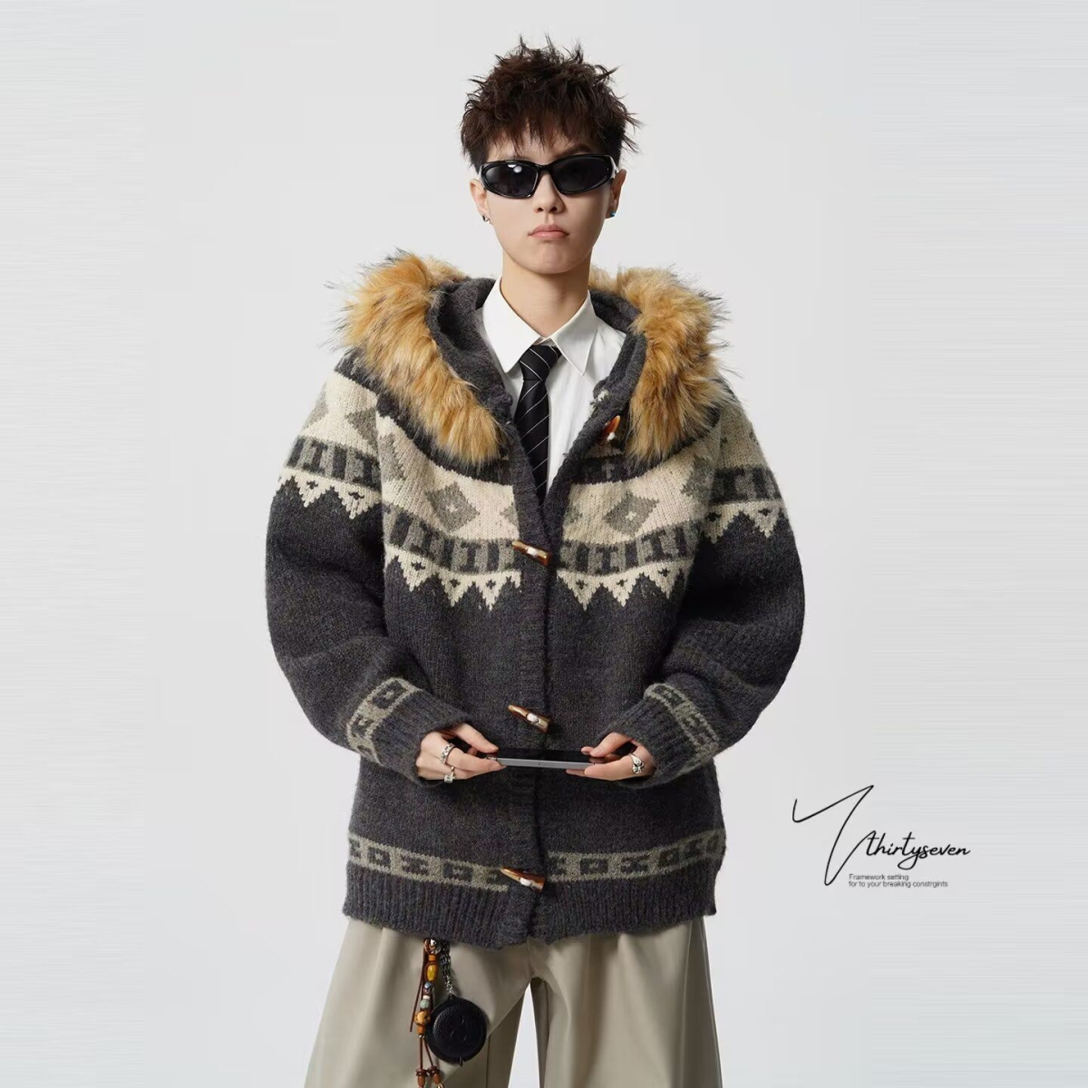 韩系复古费尔岛大毛领连帽针织开衫毛衣女秋冬宽松慵懒风外套上衣