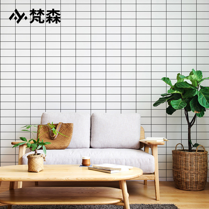 黑白格子白砖白色砖块壁纸非自粘服装店奶茶店背景墙墙纸店铺装修