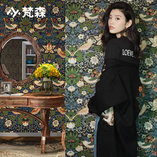 复古美式大花卧室田园中式墙纸