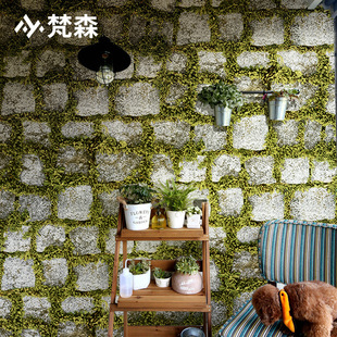 复古怀旧石头石块文化石墙纸绿色植物客厅酒吧理发店背景壁纸防水