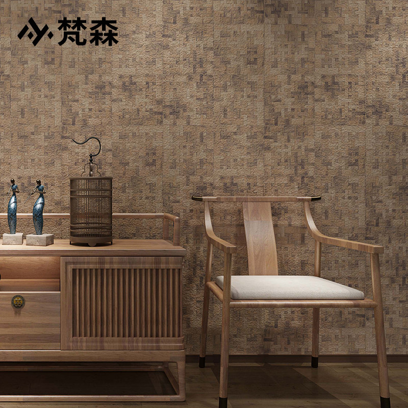 3d立体复古中式壁纸藤编竹编木纹墙纸中国风饭店古典禅意茶室棕色