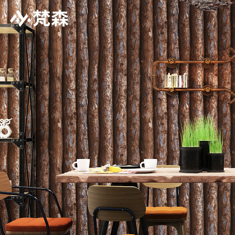 3d复古树纹木纹墙纸工业风仿木饭店店铺装修背景壁纸非自粘原木色