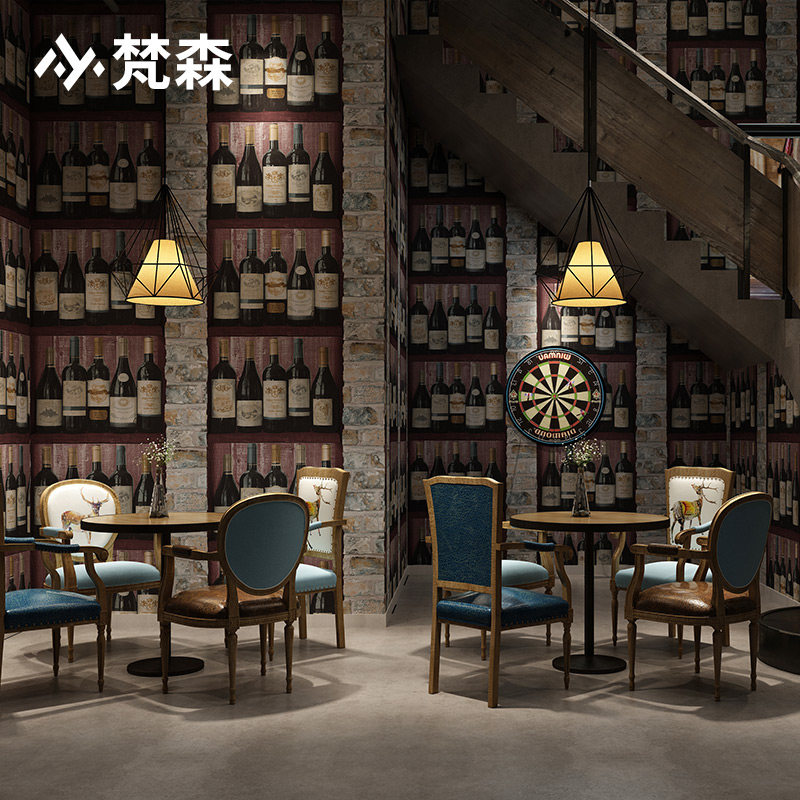 复古工业风砖纹砖块红酒瓶酒窖酒柜木纹墙纸餐厅酒吧壁纸店铺装修
