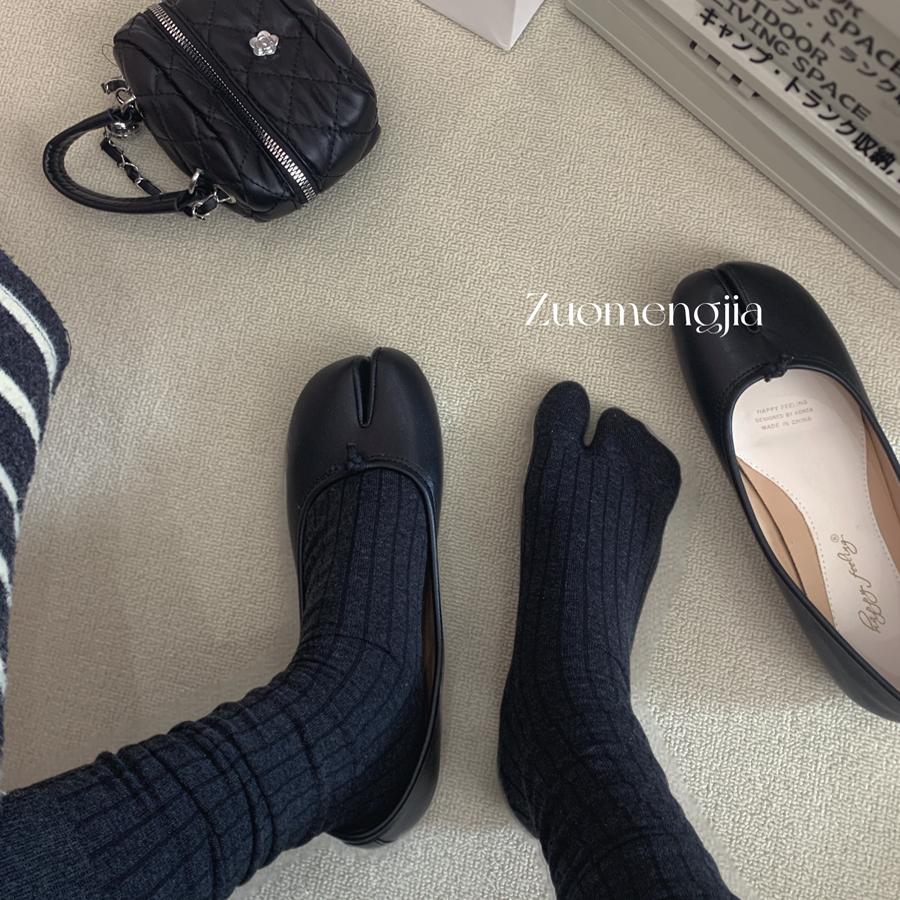 极简日系Tabi竖条纹分趾袜基础款纯色二趾袜女中长筒堆堆袜黑白袜