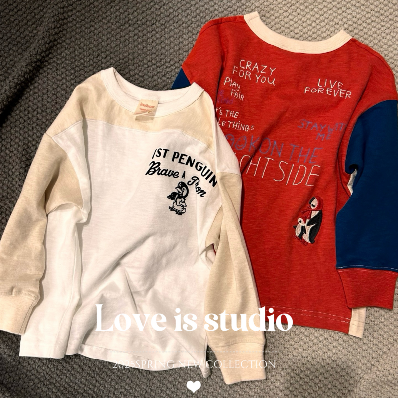 日系DD童装企鹅刺绣拼色长袖T恤