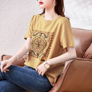 RM9818#欧洲站大码新款全棉印花钉珠短袖T恤宽松胖妹妹女装2023夏