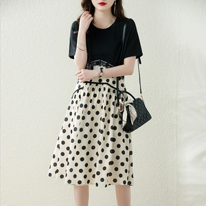 RM8096#夏新品时尚欧版黑色撞色波点花边拼接宽松显瘦连衣裙