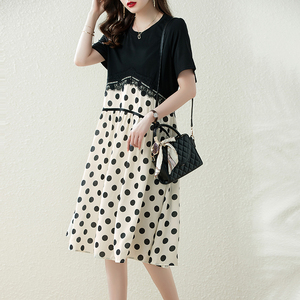 RM8096#夏新品时尚欧版黑色撞色波点花边拼接宽松显瘦连衣裙