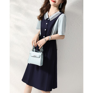 RM8100#海军领2023夏季时尚休闲收腰气质显瘦裙子短袖夏韩版连衣裙