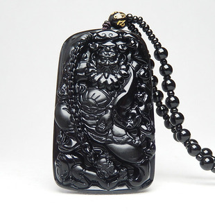 霸气钟馗吊坠天然黑曜石玉牌子男款高档天师项链挂件玉佩带全珠绳