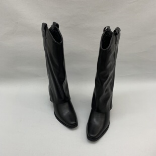 外贸原单女鞋方头粗跟不过膝高筒靴女时尚百搭裤管时装靴高跟长靴