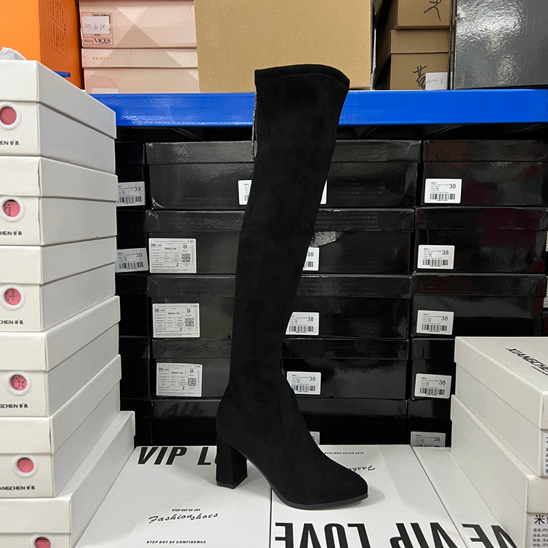 外贸原单出口时尚女靴尖头粗跟绒面后拉链过膝高筒长靴