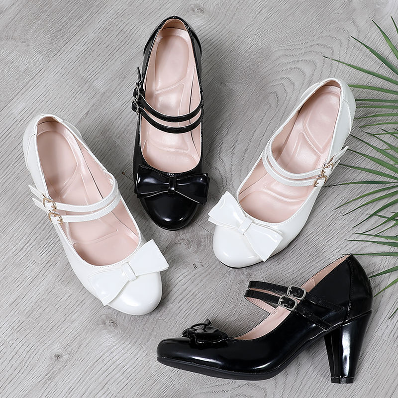 外贸出口美国原单大码法式温柔蝴蝶结玛丽珍鞋女双扣带粗高跟单鞋