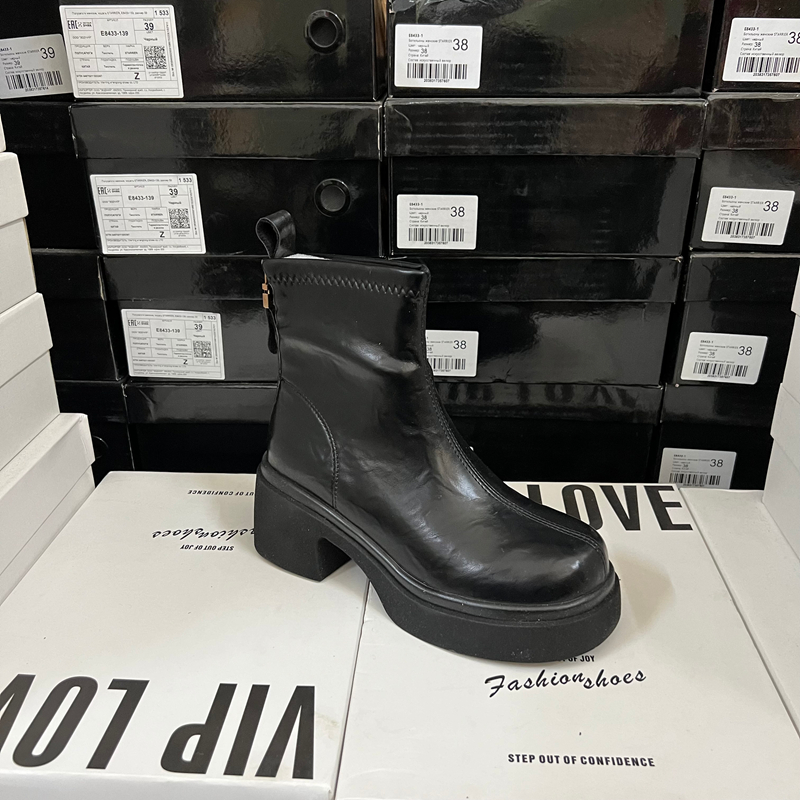 时尚出口外贸原单时尚款女鞋圆头粗高跟后拉链短筒靴