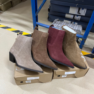 真皮!外贸原单欧美风尖头短靴女冬季保暖粗跟气质切尔西女靴