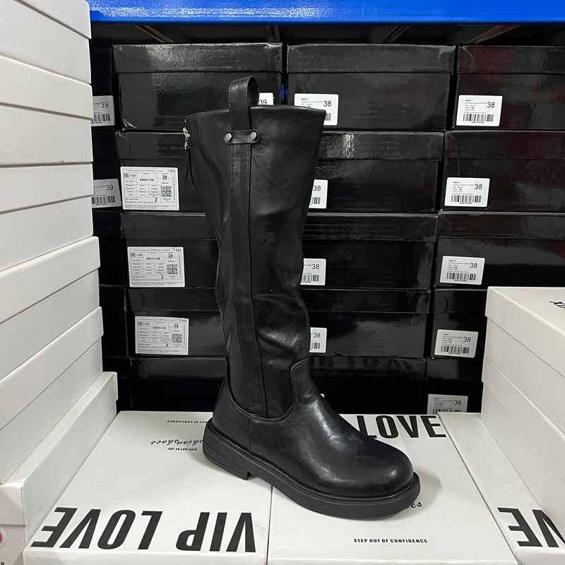 出口原单外贸时尚女鞋欧美风黑色圆头低跟皮带扣后拉链长靴