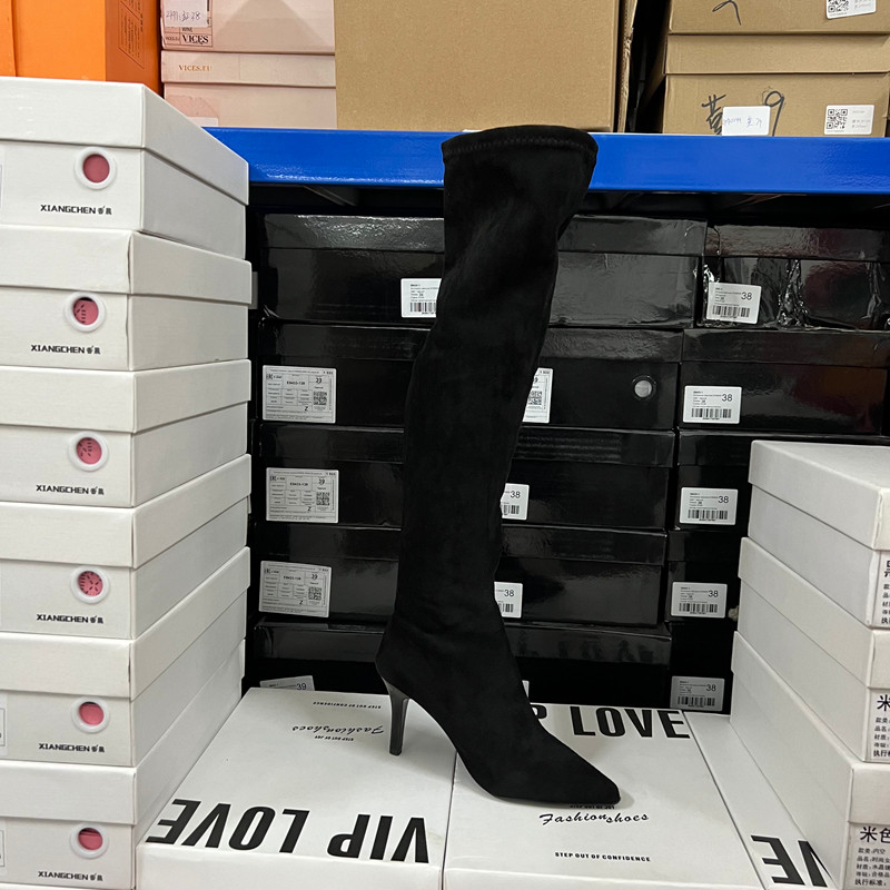 欧美风尖头细跟过膝长靴女冬季黑色高跟显瘦时装靴,女鞋,弹力靴/袜靴,淘宝优惠券,粉丝福利购,淘宝优惠卷