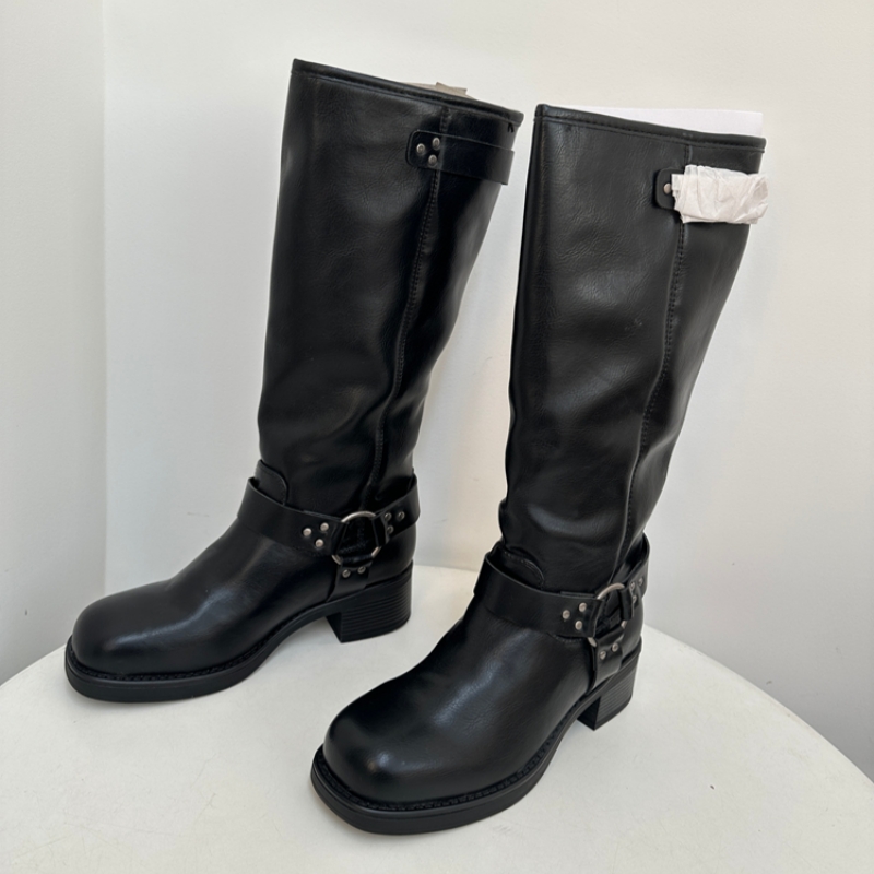 外贸原单粗跟机车高筒靴女复古圆头皮带扣不过膝套筒骑士靴