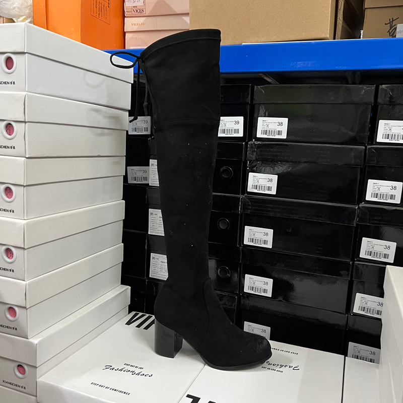 欧美风黑色绒面过膝长靴女冬季加绒粗跟高跟瘦瘦靴显瘦高筒靴