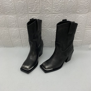 【复古时髦】外贸出口原单时尚女靴方头金属粗跟短靴百搭时装靴