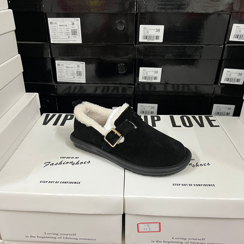 真皮加绒保暖勃肯鞋 一脚蹬舒适懒人鞋黑色反绒皮带扣棉鞋毛毛鞋