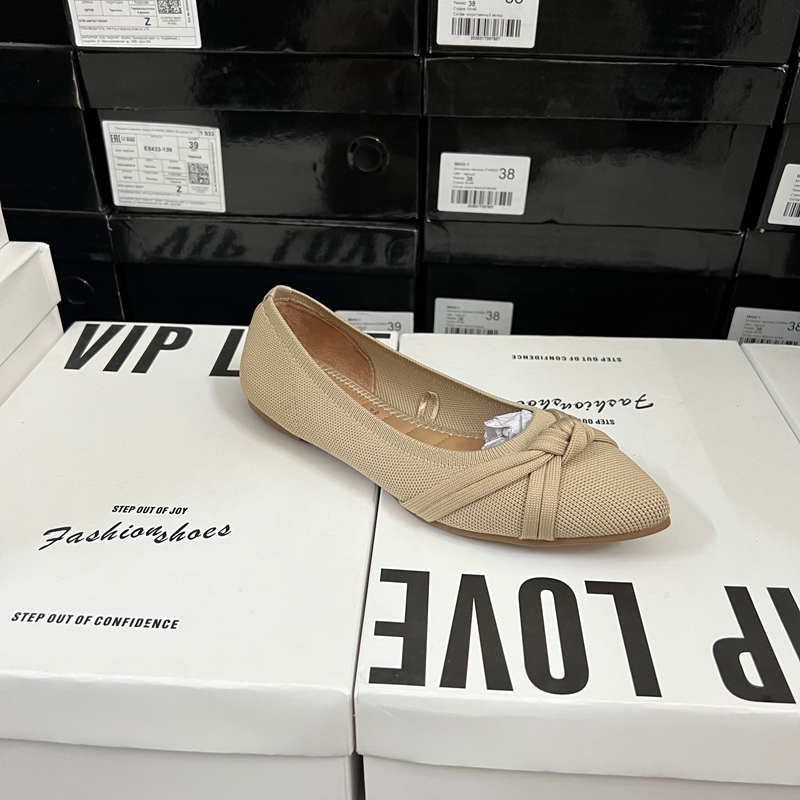 外贸原单出口法式尖头蝴蝶结平底针织单鞋浅口百搭软底舒适女鞋