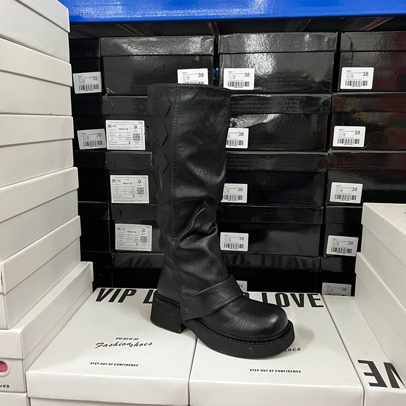 外贸出口原单时尚女鞋圆头厚底粗跟堆堆靴高筒长靴