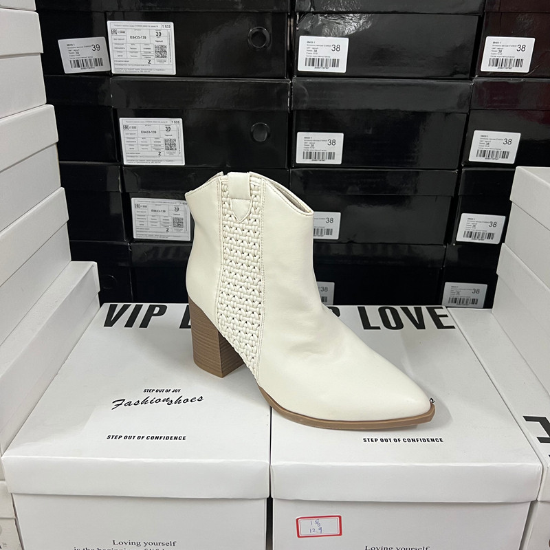 【微瑕】外贸原单大码复古编织尖头粗跟短靴女侧拉链高跟靴子