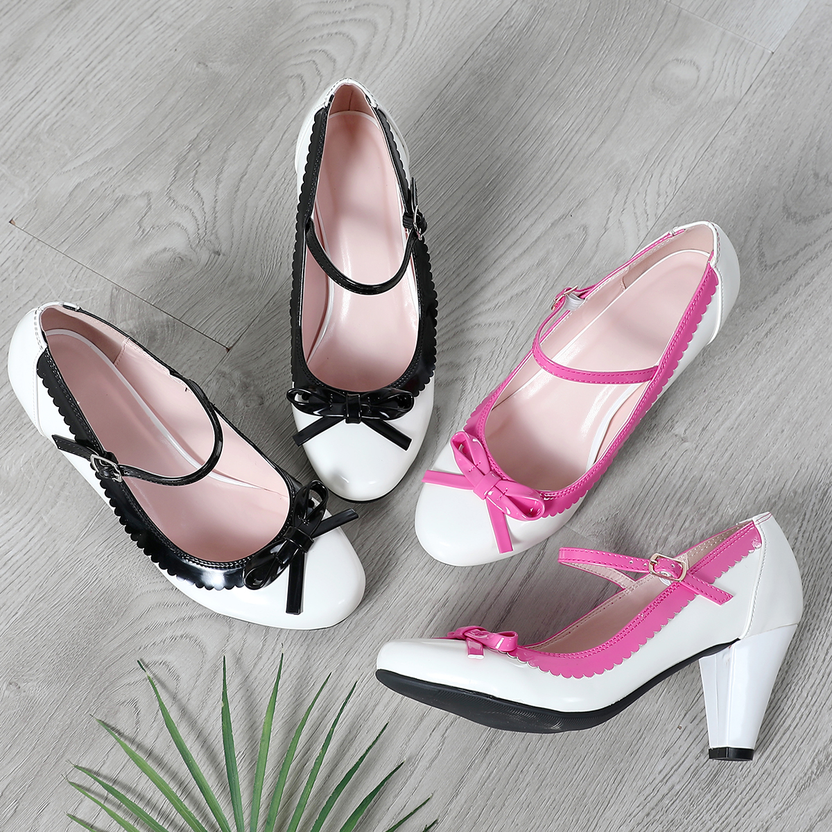 跨境外贸单温柔风法式蝴蝶结玛丽珍鞋大码粗跟一字扣带甜美高跟鞋