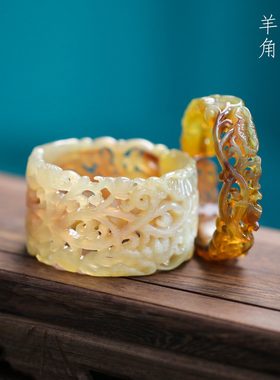 天然羊角雕刻宋莲镂空手镯女款镂空镯子送女友礼物