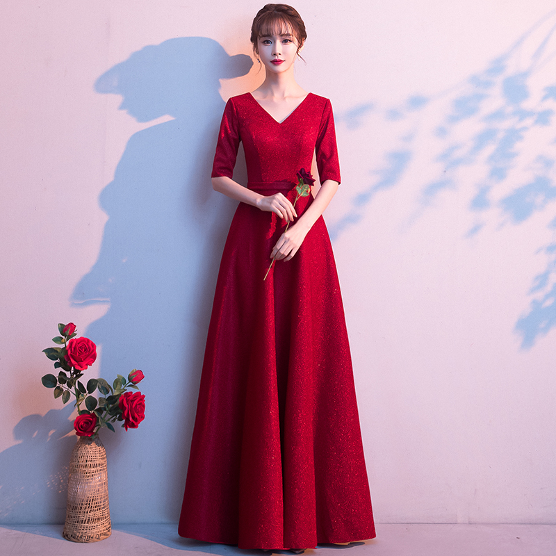 敬酒服新娘2021新款秋季简单大气长款v领订婚结婚晚礼服裙女红色