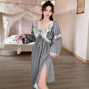 宫廷风睡裙女春秋蕾丝花边V领泡泡袖 复古法式 温柔居家睡裙长裙