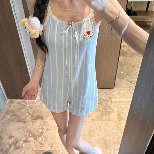 ins日系条纹卡通条带连体睡衣女