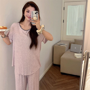 治愈系懒人家居服套装 高级感慵懒风睡衣女夏季 韩版 套头短袖 长裤